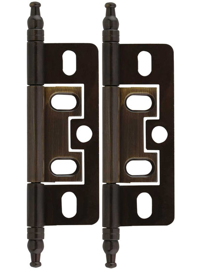 Pair of Solid Brass 2 1/2 inch Non-Mortise Minaret-Tip Cabinet Hinges in Antique Brass.